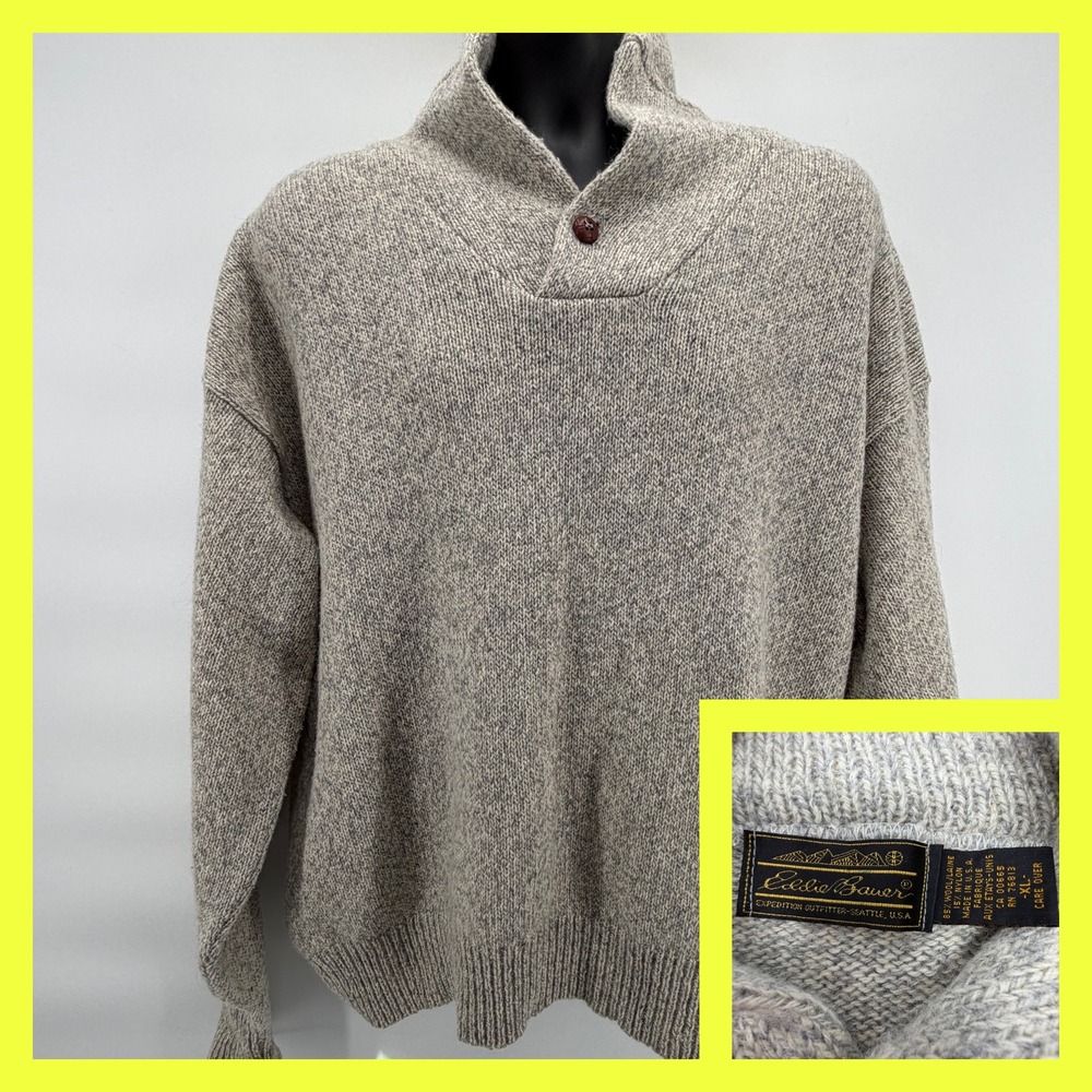 Vtg 80s Eddie Bauer Wool Blend Sweater Mens XL Made in USA Grey Button Neck 1/4